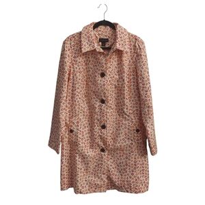 NWT LANDS END L Pink And Orange Floral "Sunshower" Button Down Rain Coat Trench